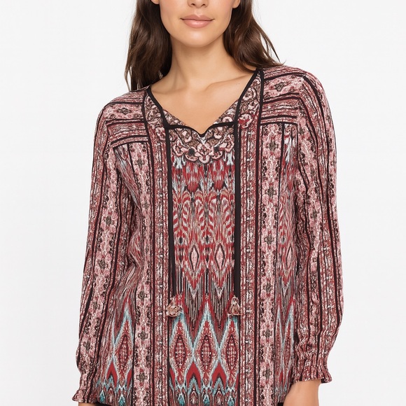 Belle by Kim Gravel Tops - Belle by Kim Gravel Boho Moroccan Printed Blouse      Size XL